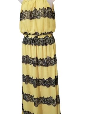 NWOT Enfocus Studios Yellow  Maxi Dress with Navy Lace Print  (0119)